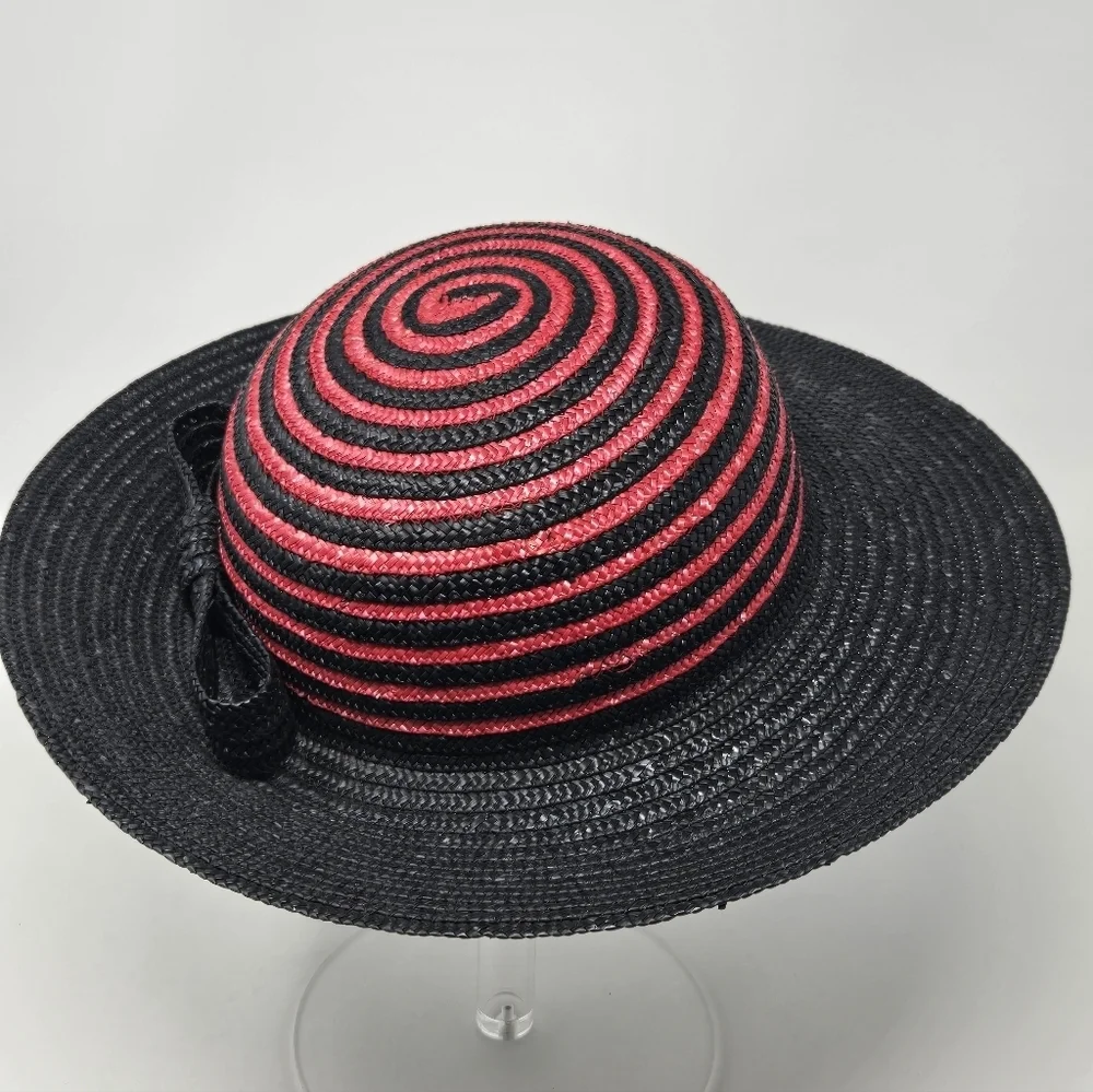 VINTAGE 100% NATURAL STRAW WOVEN HAT BLACK & RED SWIRL ITALY WOMEN OS WHIMSIGOTH - Picture 7 of 13